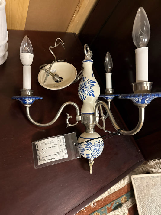 Blue & White Chandelier w/ 3 Lights & Shades