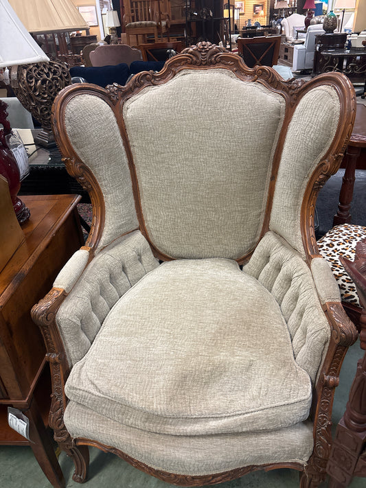 Antique Wingback Victorian Cream Fabric Chair Carved Wood Detail