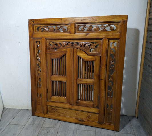Vintage Balinese Carved Teak Wood Mirror w/ Folding Doors