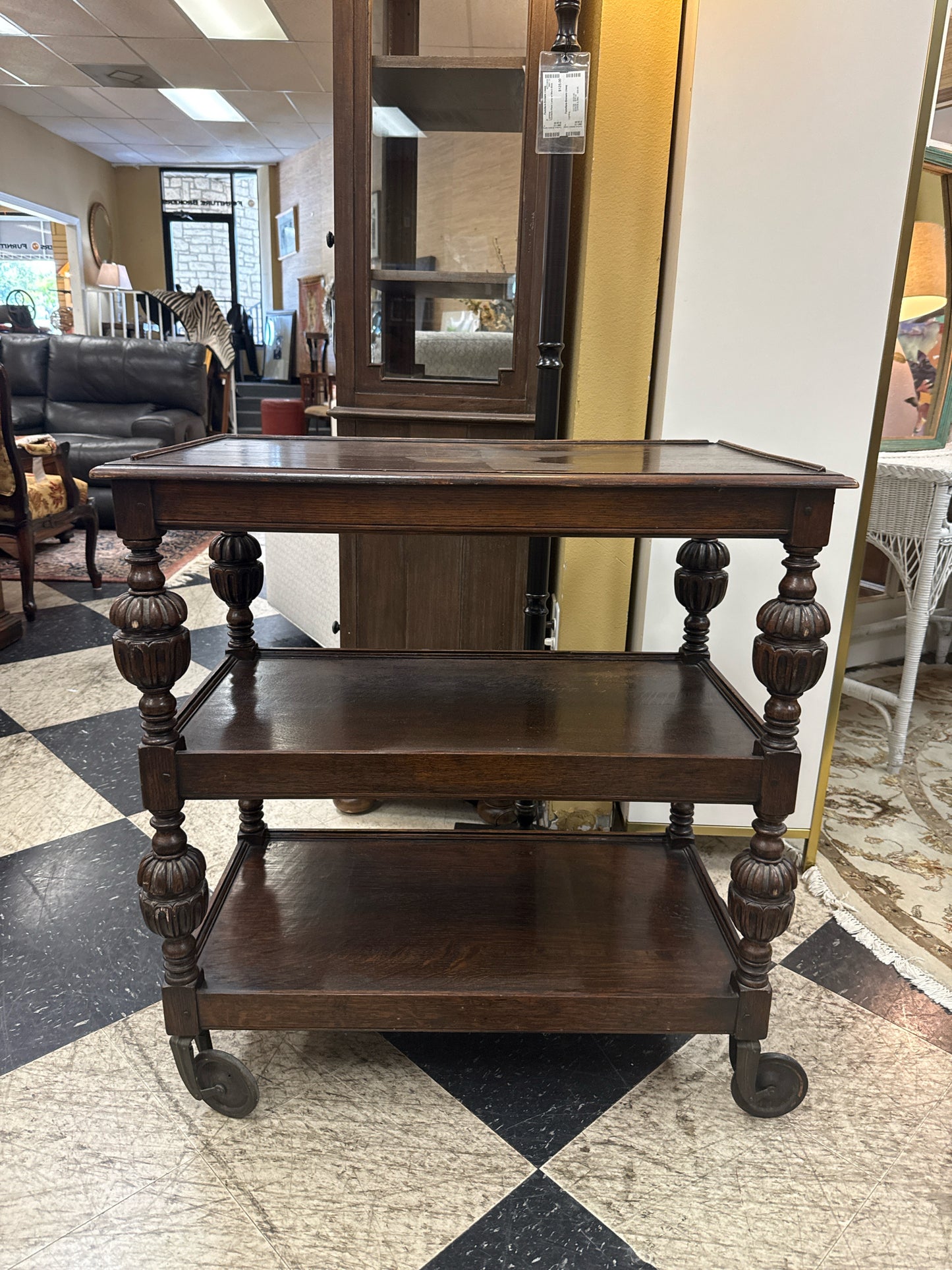 Antique Dark Oak 3-Tier Tea Cart w/Carved Legs & Casters