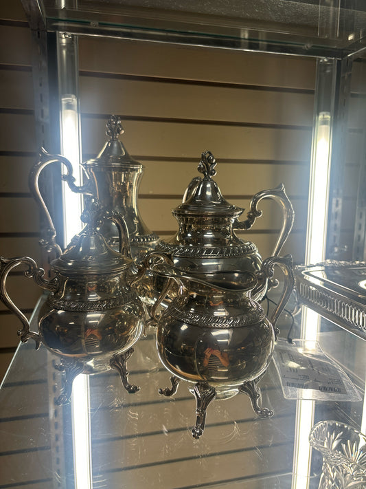 Tea/Coffee Service-Silver on Copper Teapot/Coffee Pot w/Creamer & Sugar