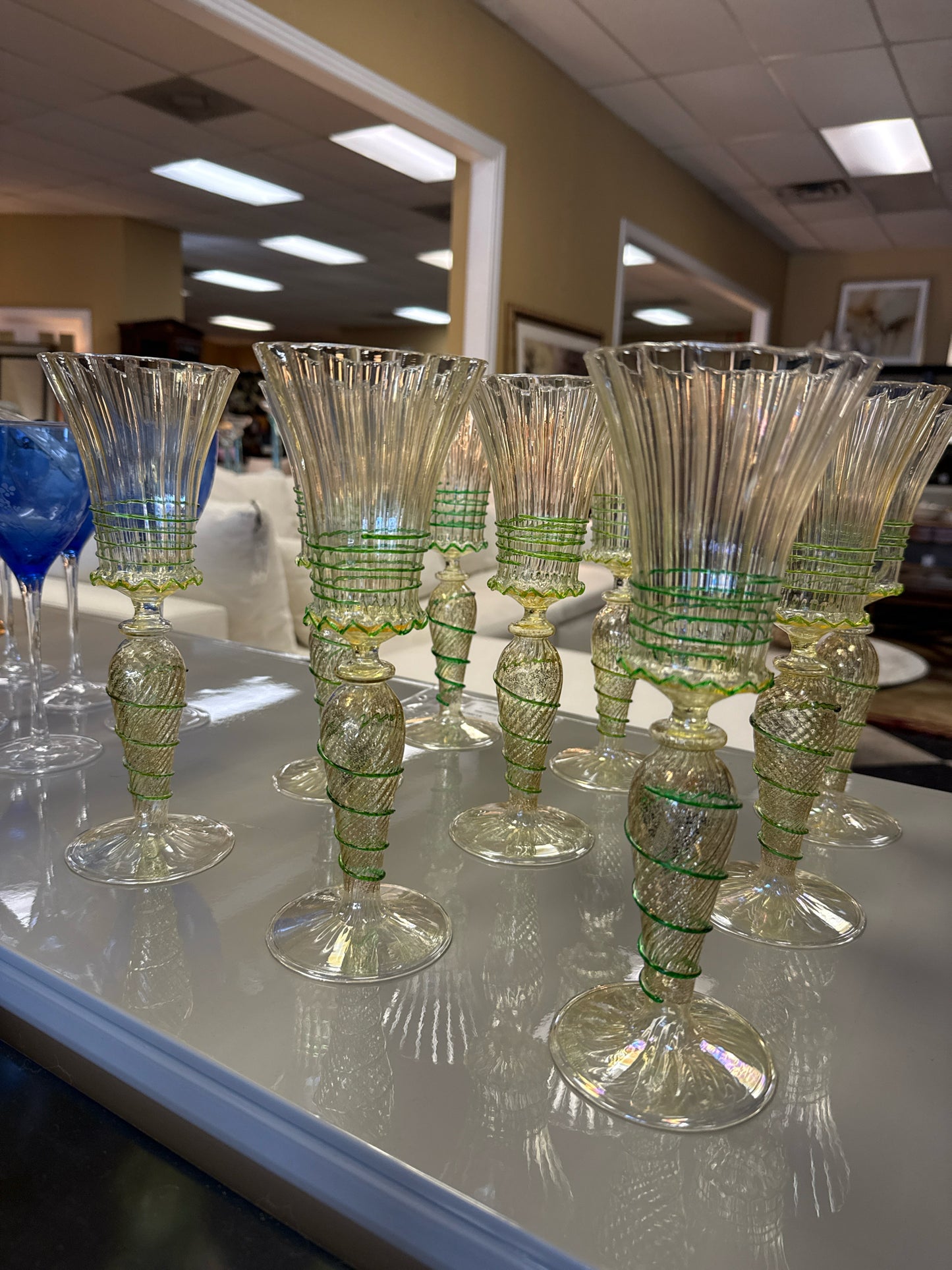 Murano Venetian Handblown Wine Goblets (Green & Light Yellow)Set of 9