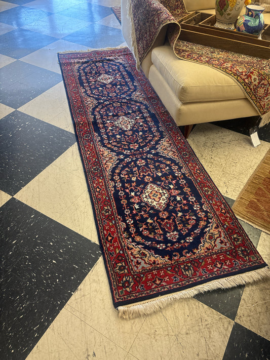 100% Wool Hand Knotted Runner Rug (Navy/Red/Cream) 98"x28"