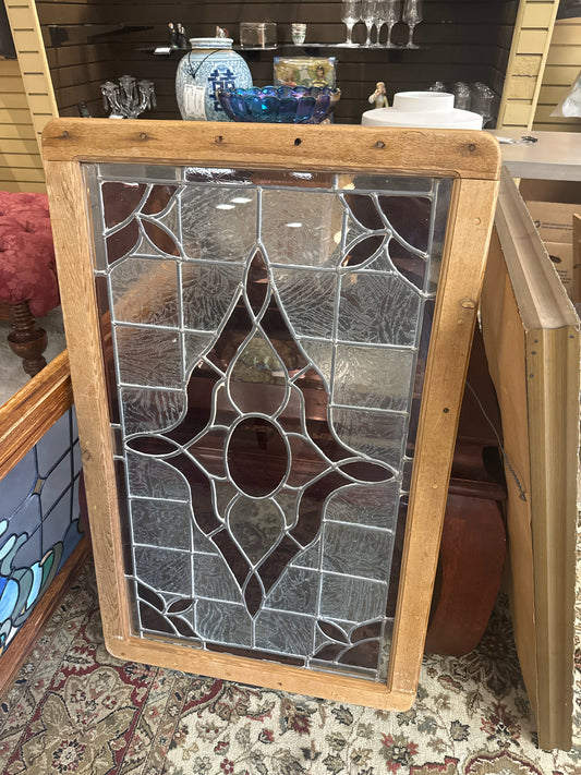(2'x3') Beveled & Leaded Clear Stained Glass Window Panel w/Natural Wood Frame