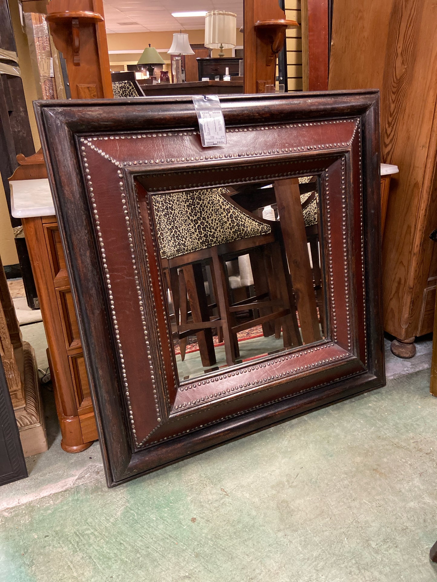 Square  Beveled Mirror w/ Leather  &  Nailheads 40"