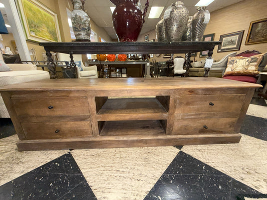 Rustic Wood Console Low Profile - 4 Drawers & 2 Shelf