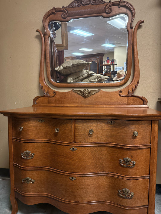 Antique Birdseye Maple Serpentine Dresser w/ Beveled Mirror