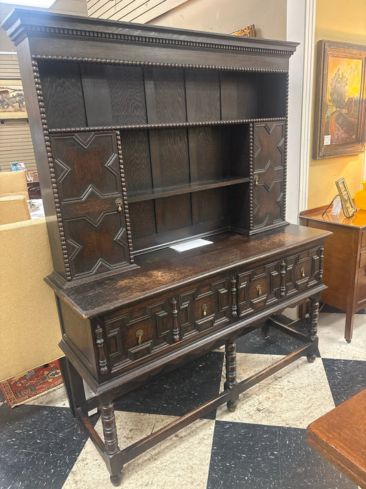 Jacobean Style Oak Hutch w/ 2 Doors & 2 Drawers & Plate Rails