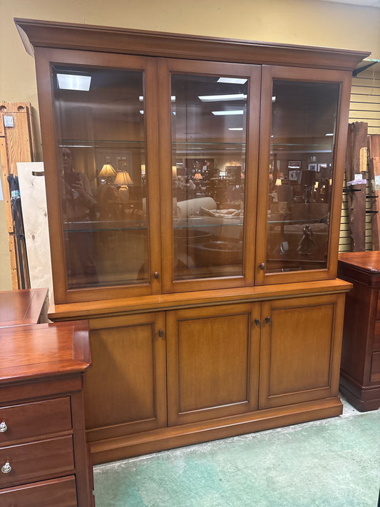 Custom Wood Dining Hutch w/ Beveled Glass & Shelves