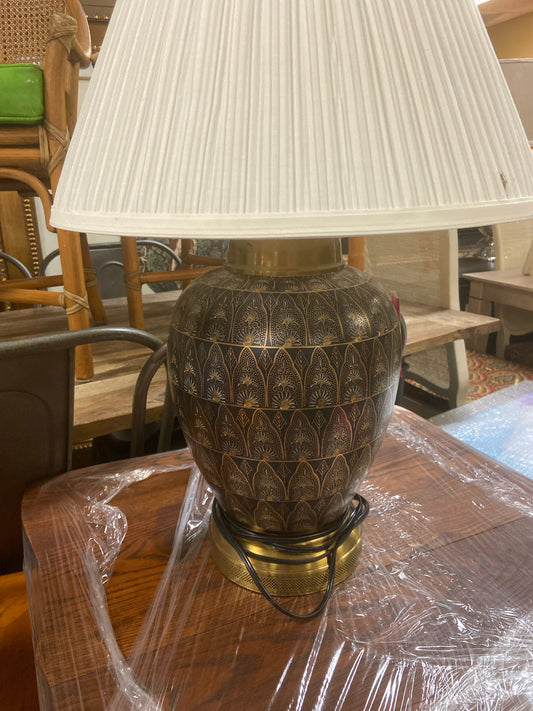 Table Lamp Black, Brass, Brown w/ Cream Shade