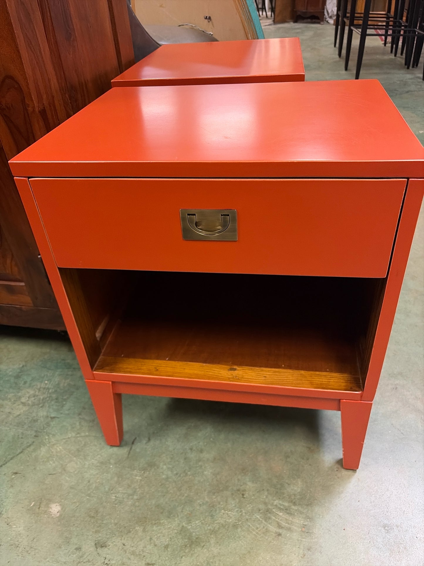 Pair MCM Orange Nightstands w/Drawer & Lower Shelf