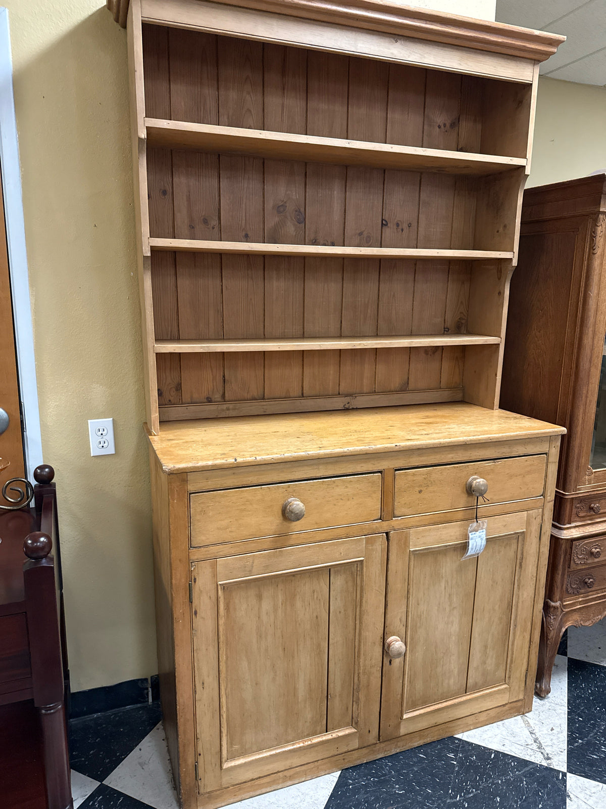 Vintage Solid Pine Hutch w/ Display Shelves 2 Door /Drawer Base- Round Top