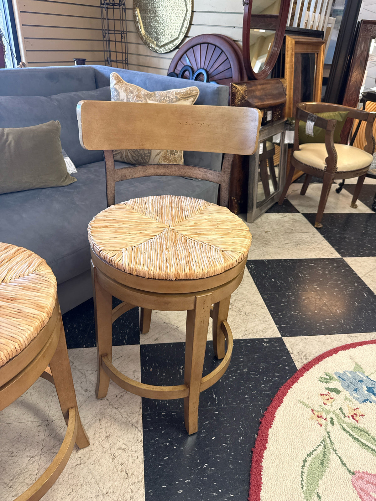 PAIR Ballard Design "Maguerite" Distressed Oak Swivel Counterstools
