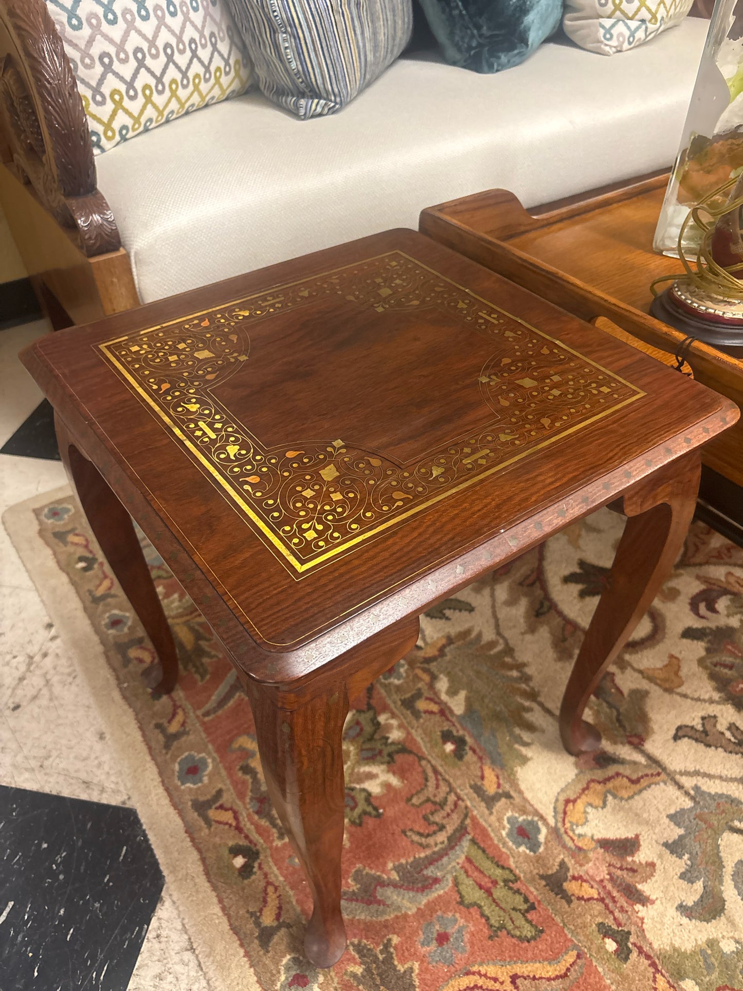 1960's Pakistan Wood Carved End Table w/ Gold Inlay (18x18)