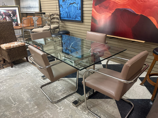 Vintage MCM Knoll Glass Dining Table & 4 Mies van der Rhohe Brno Tublar Chairs