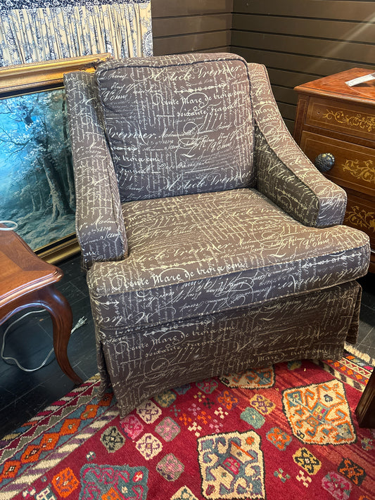 Brown w/ Script Upholstered Swivel Rocking Club Chair