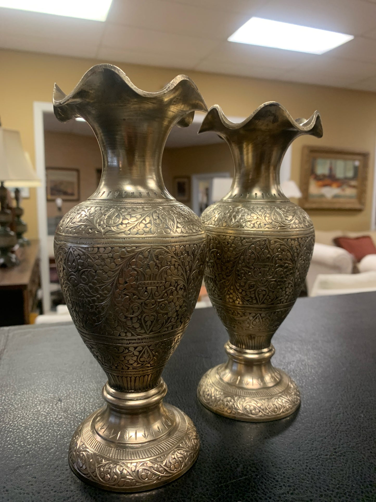 PAIR - Vintage Etched Heavy Brass Urns from India w/ Scallop Edge 8"