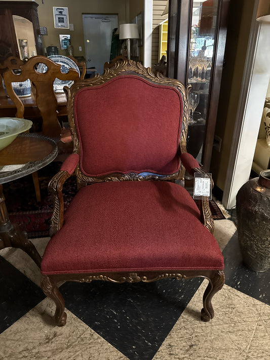Louis Shanks Carved Wood Arm Chair w/ Red Upholstery