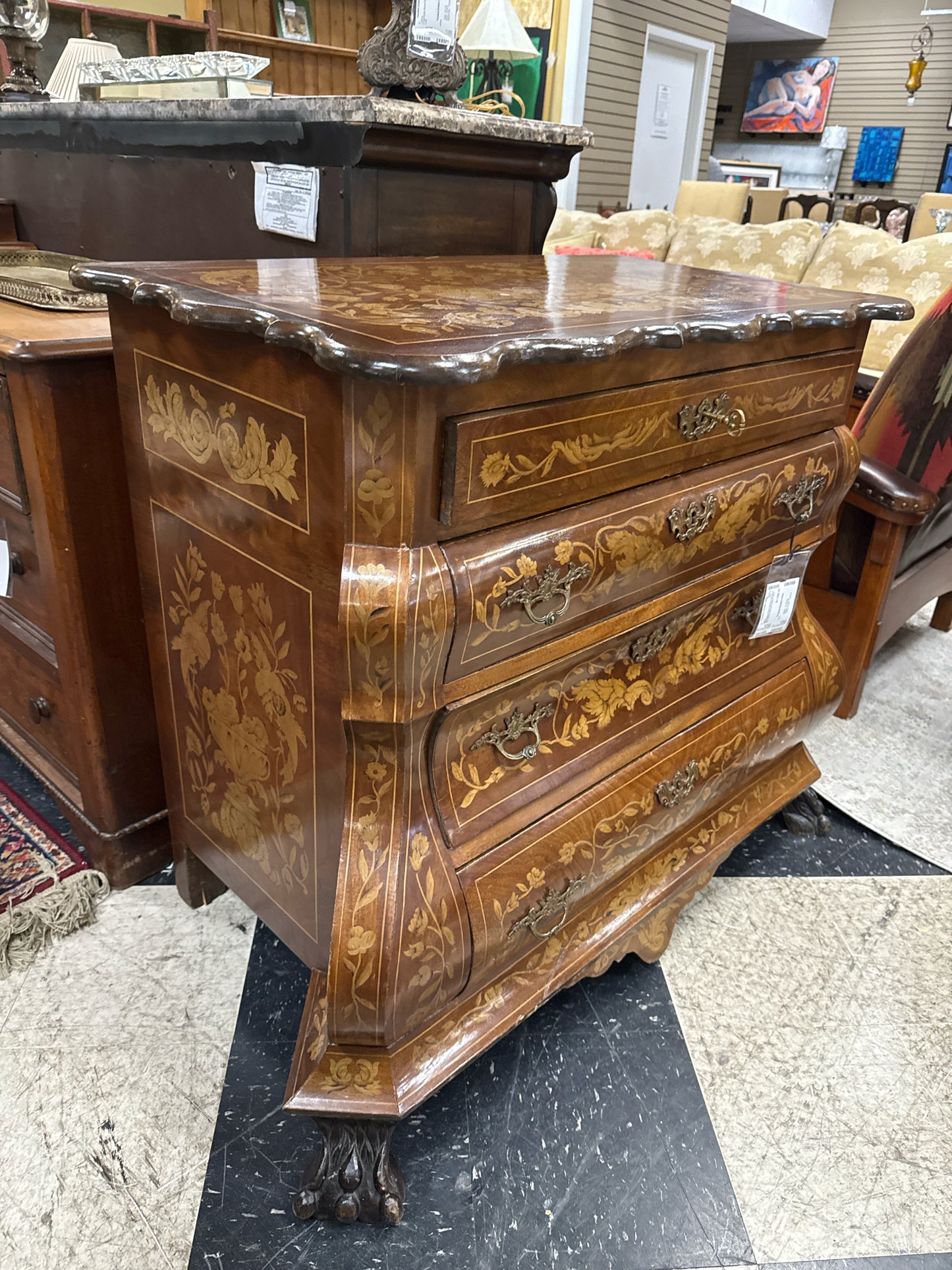 18th Century Dutch Bombay Marquetry Inlay Walnut 4-Drawer Dresser w/Key