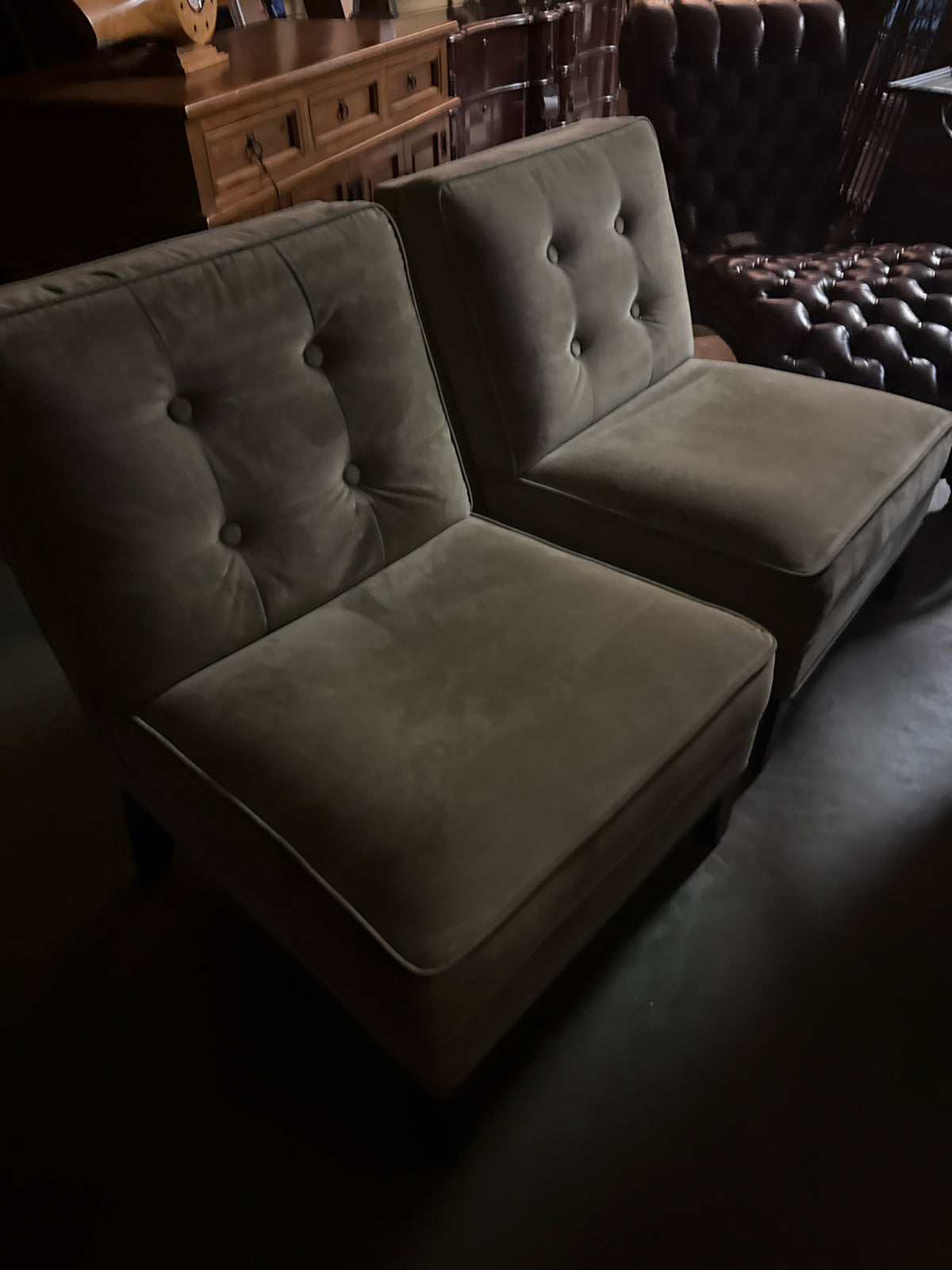 Pair Sage Green Velvet Button-Tufted  Armless Slipper Chairs