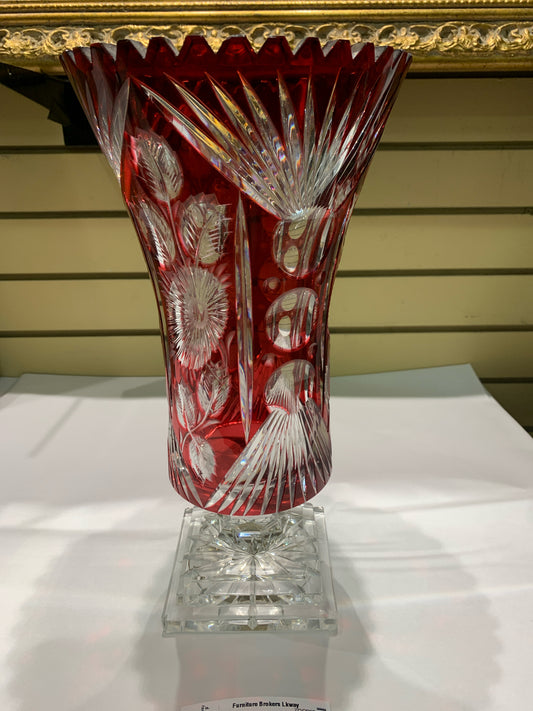 Signed - Ruby Red Cut 14" Vase (Small Fracture inside Vase)