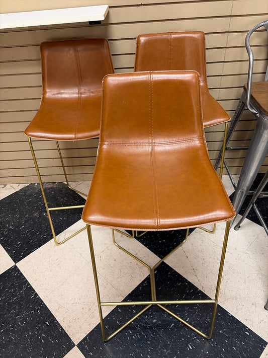 West Elm Brown Leather Slope Barstools (Set of 3)
