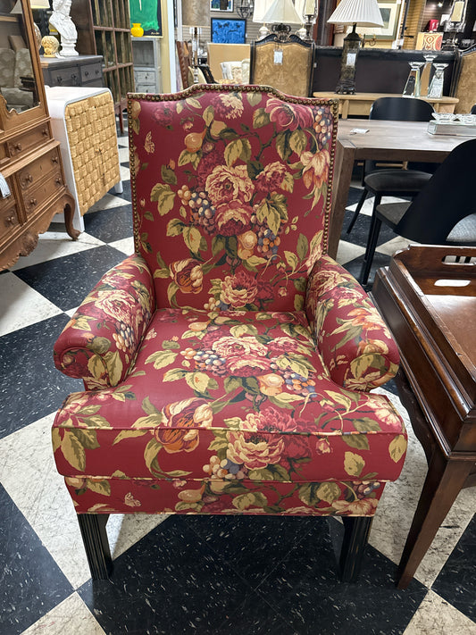 Floral Upholstered Wing Back Chair w/Wood Accent/Nailhead