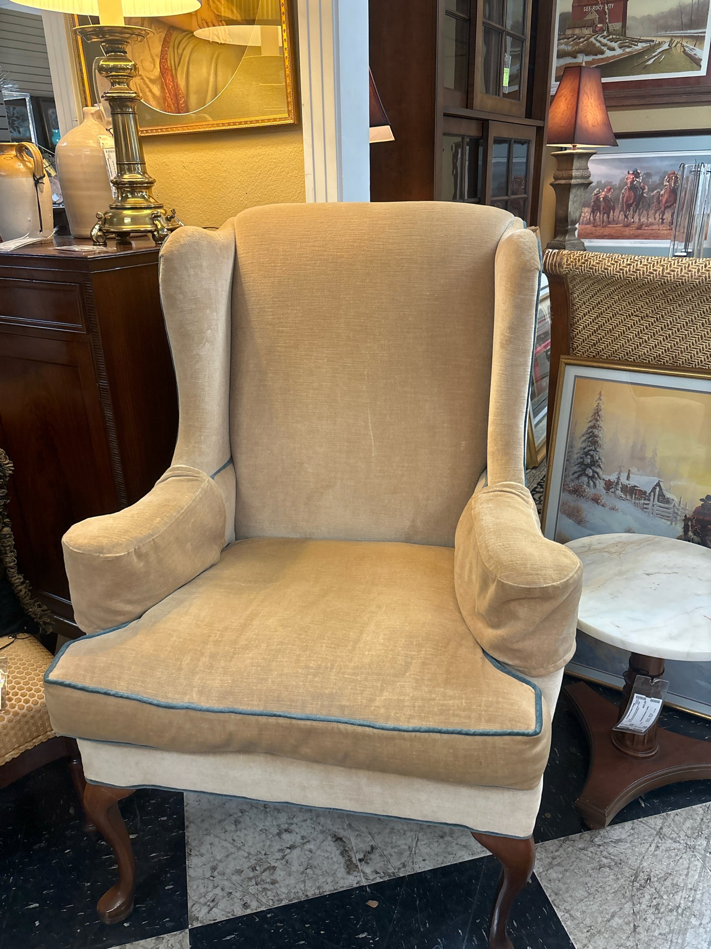 Green/Beige Velvet Wingback Chair