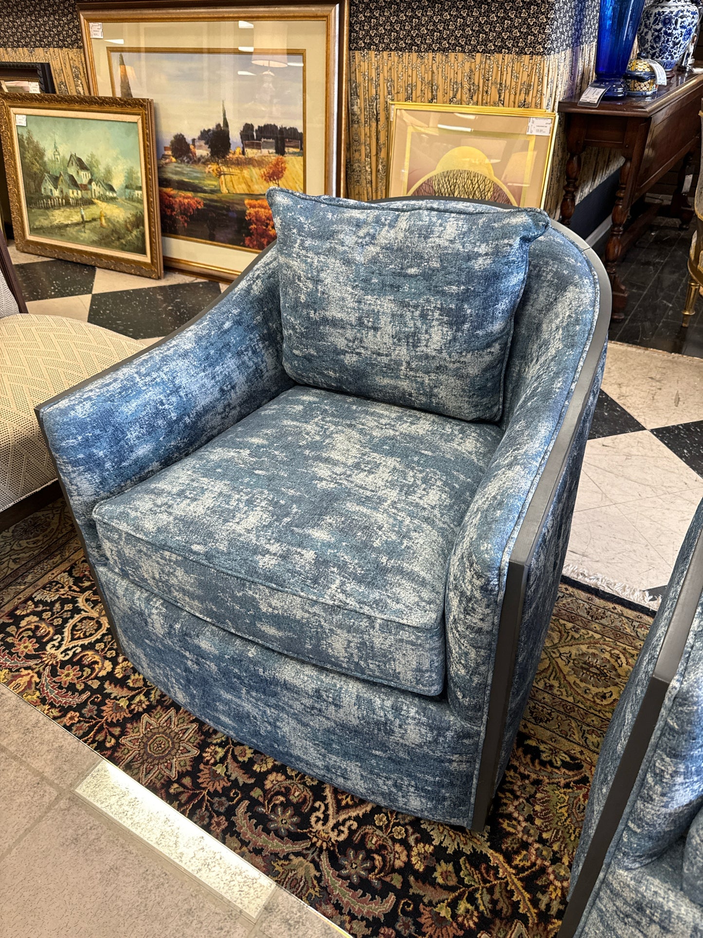 Sam Moore Hooker Blue & White Swivel Chair w/Matching Footstool