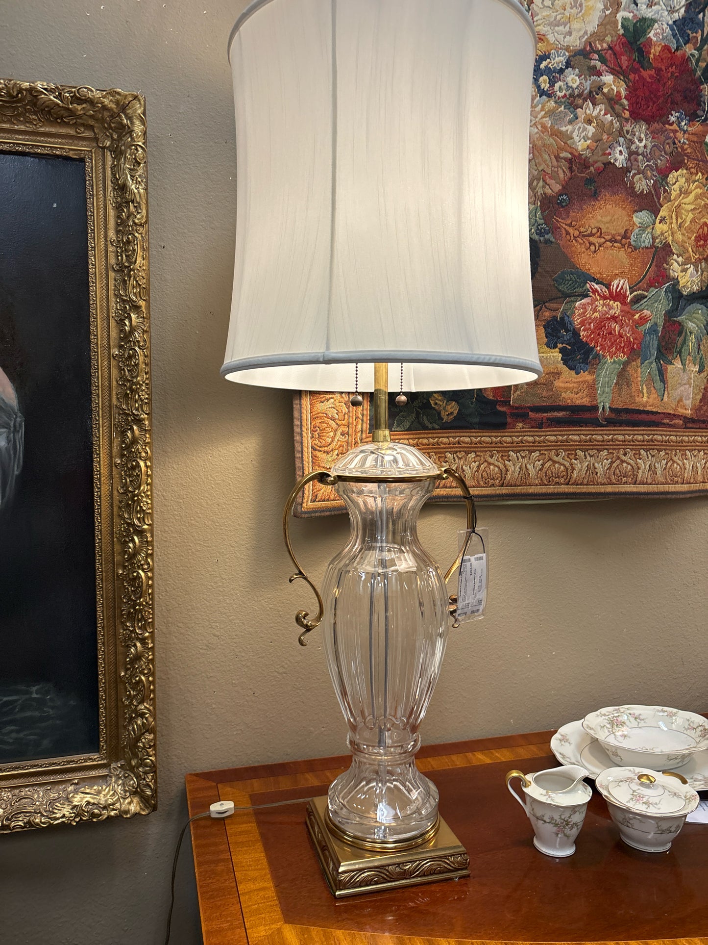 Crystal  Urn Shaped Table Lamps w/Silk Shade (Glass Cracked)