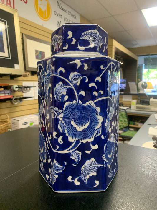Hexagonal Blue & White Floral Ginger Jar w/ Lid 13"