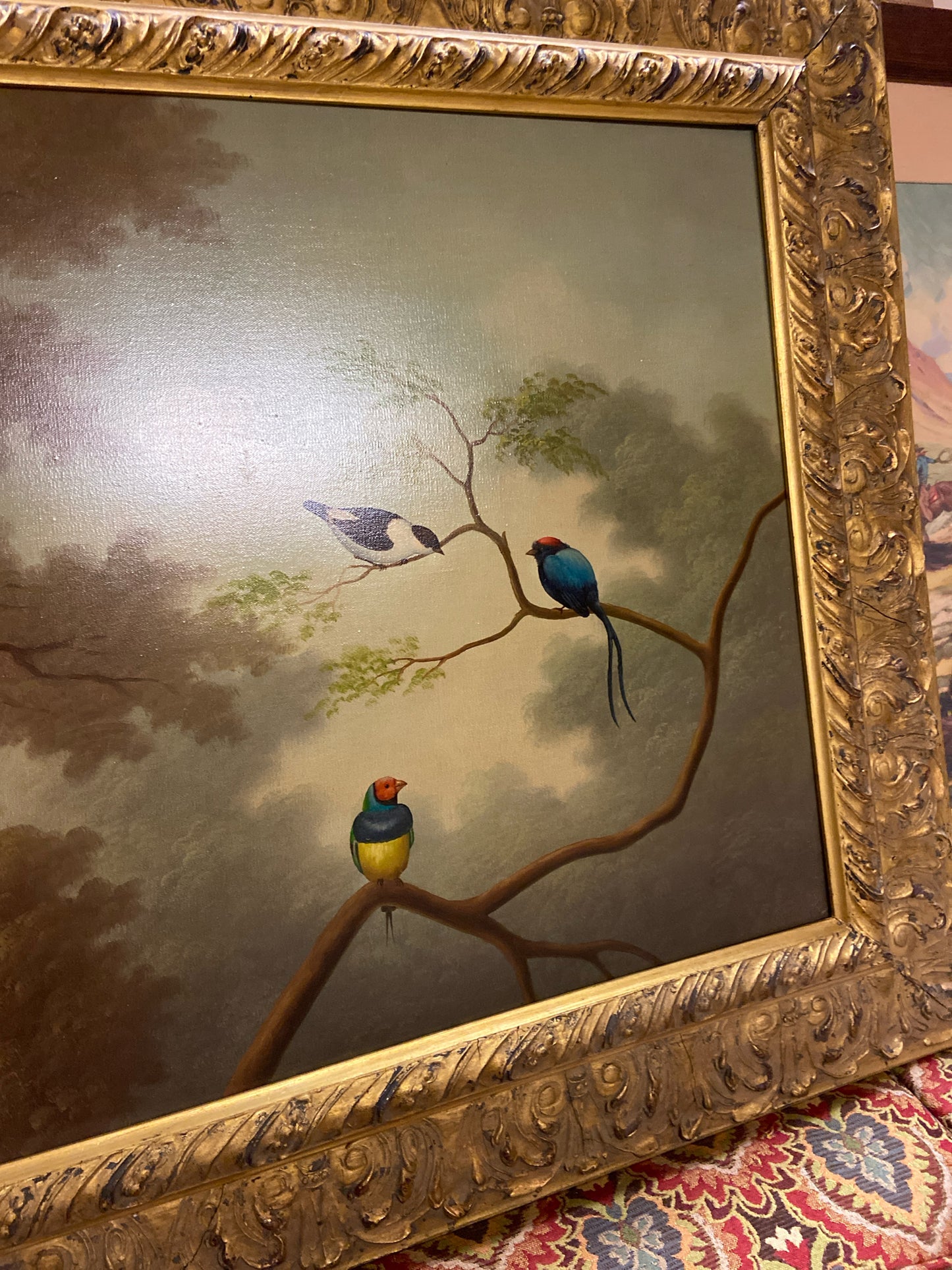 Painting of Three Birds and Trees in Gold Frame