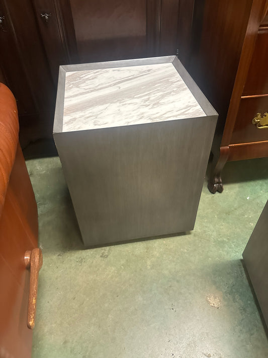 Gray CB2 Square Side Table w/ Marble Top/Door/Shelf Inside (17x17x21 1/4)