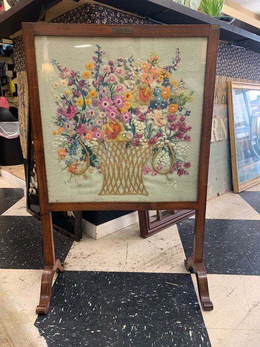 Vintage Cross Stitch Screen w/ Wood Frame & Stand
