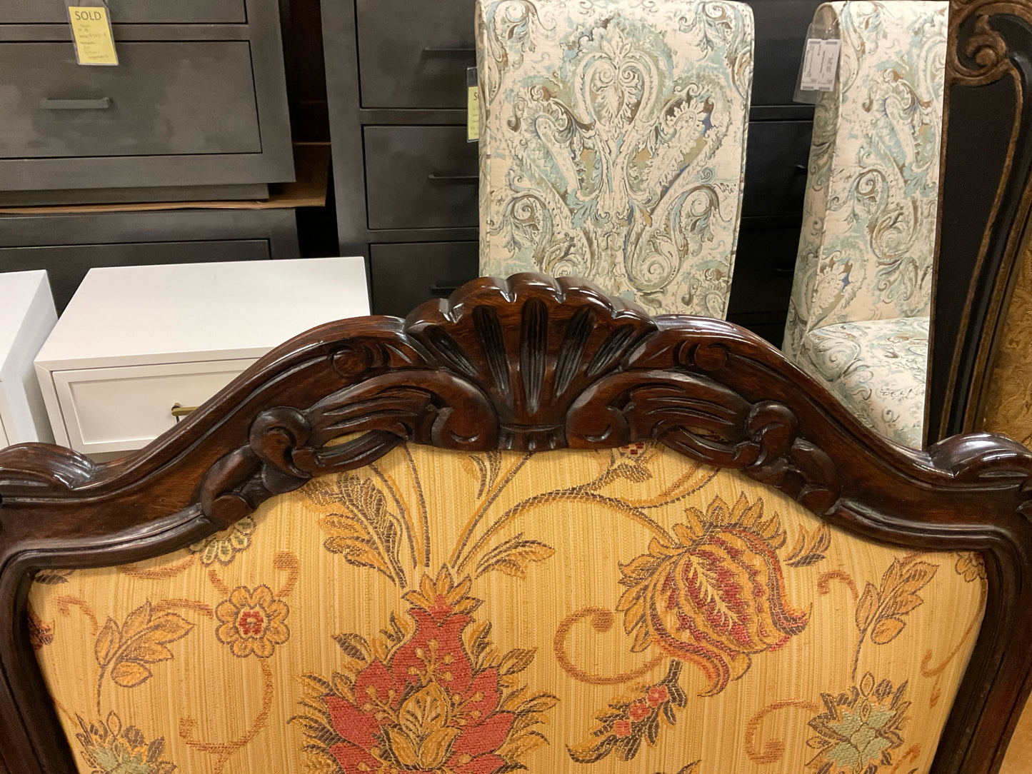 Ethan Allen Upholstered Armchair w/ Carved Wood