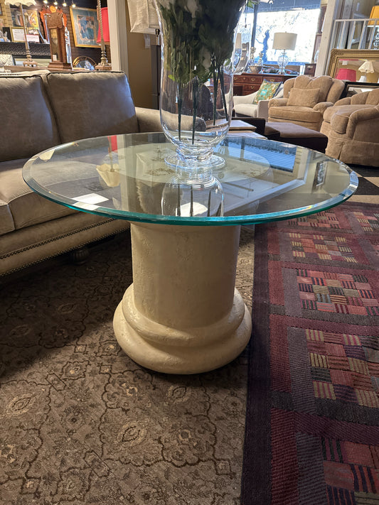 42" Round Beveled Glass Table on Off White Plaster Base