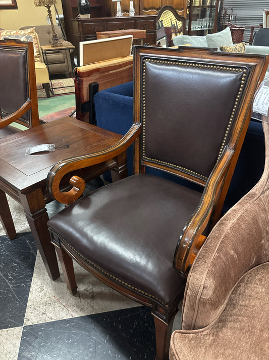 Hickory White X Back Wood Armchair w/ Brown Leather Seats and Nailheads