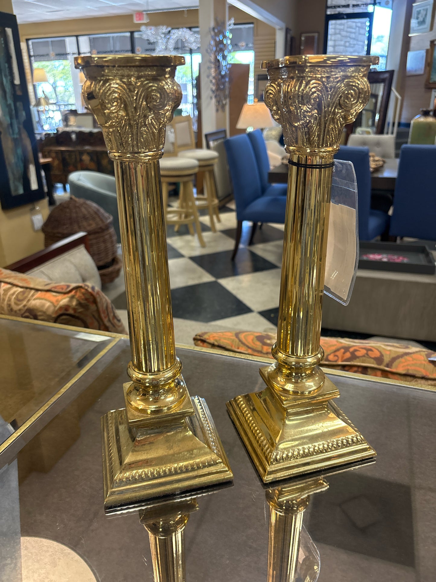 PAIR of Brass 14.5" Corinthian Column Candlesticks