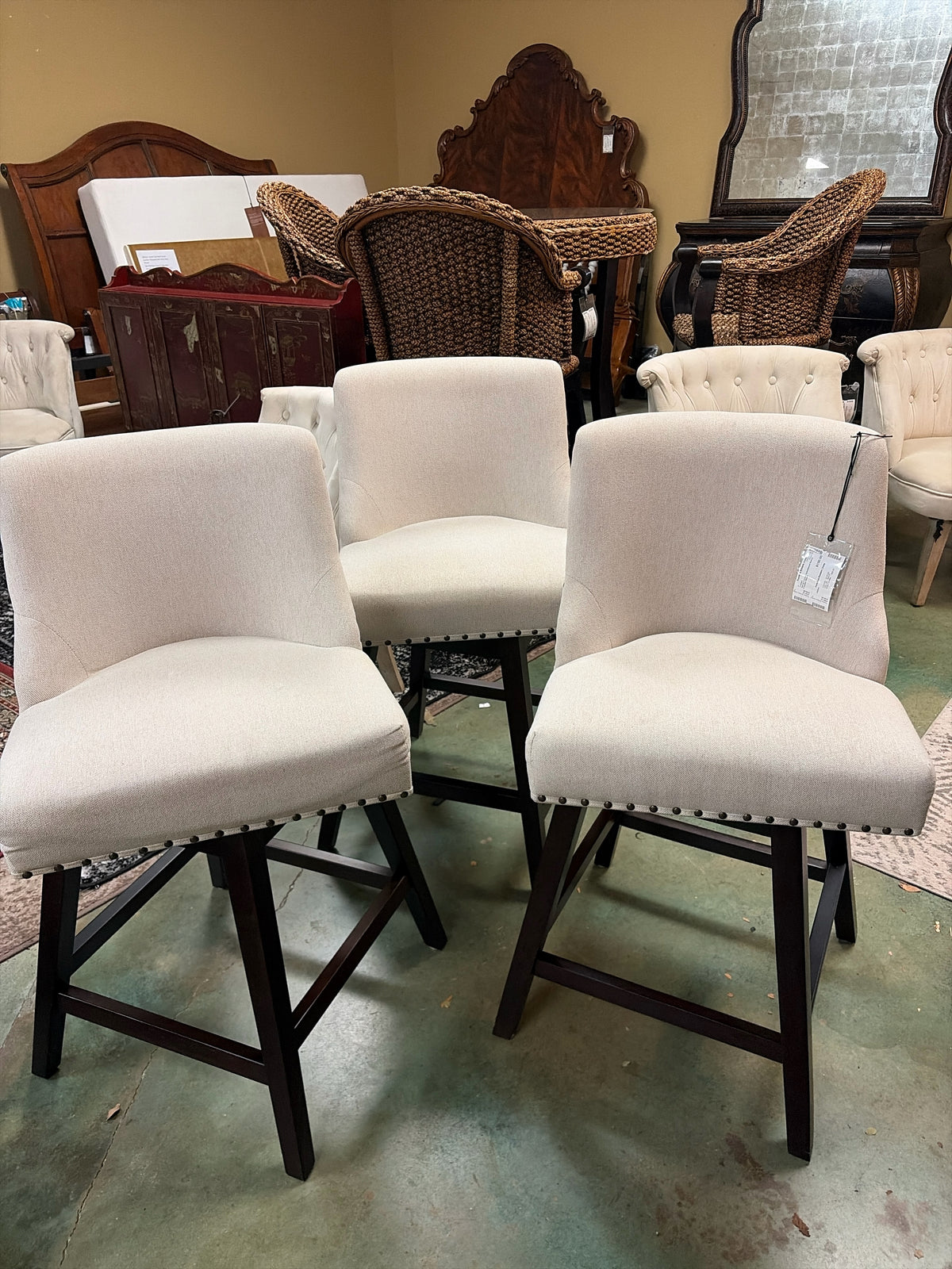 Set of 3 Cream Upholstered Swivel Counter Stools