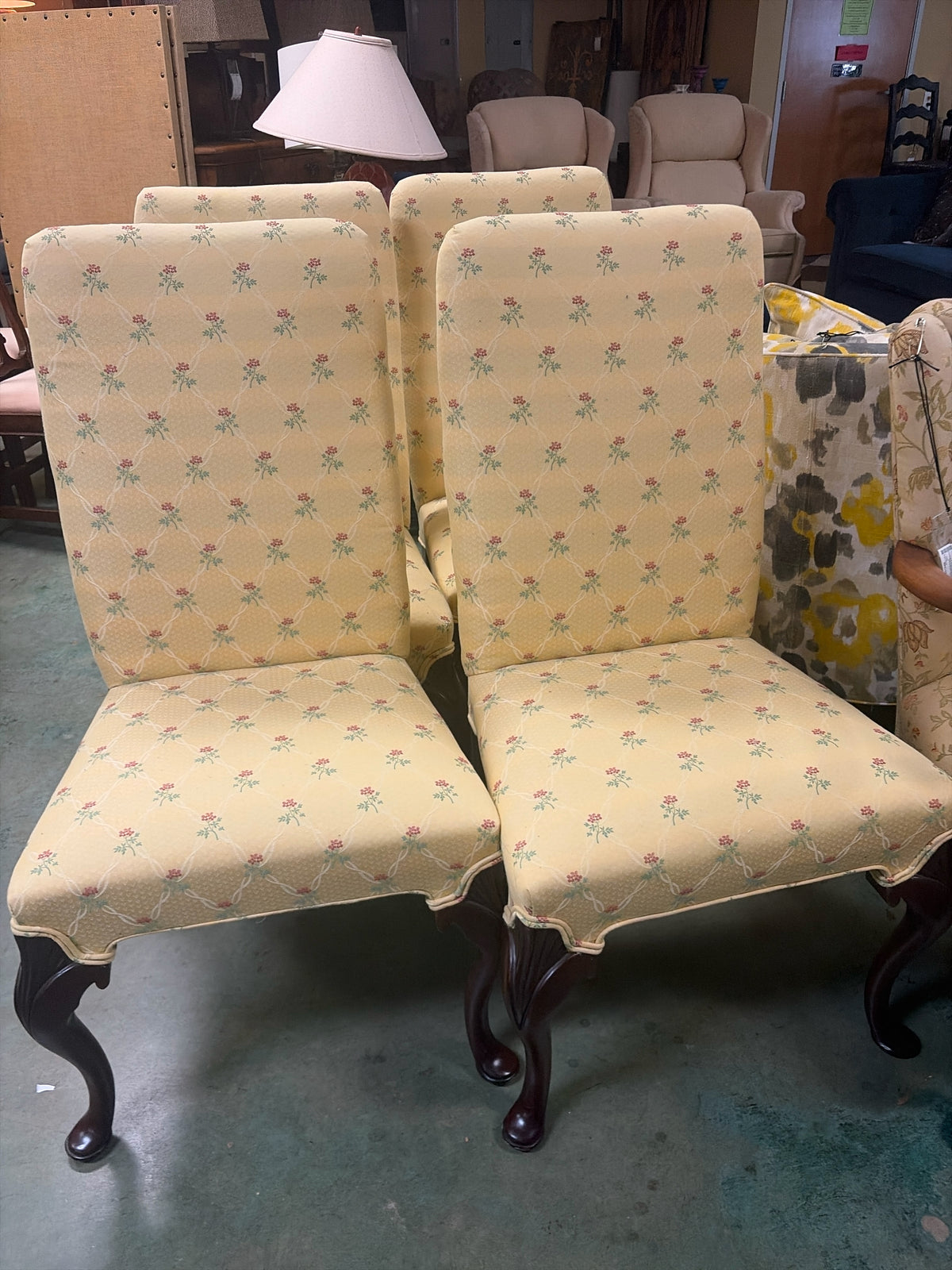 Vintage Queen Anne Style Cherry Wood Upholstered Dining Chairs- SET OF 4