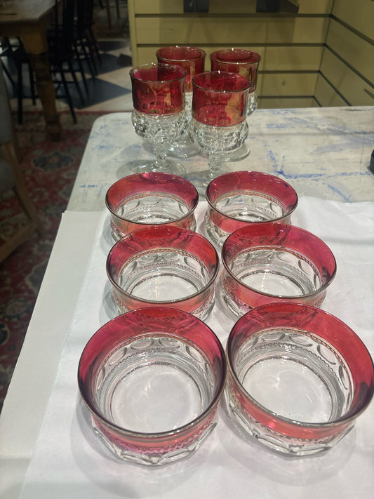 SET of 10 Vintage Kings Crown Ruby Thumbprint Goblets(4) & Fruit Cups(6)