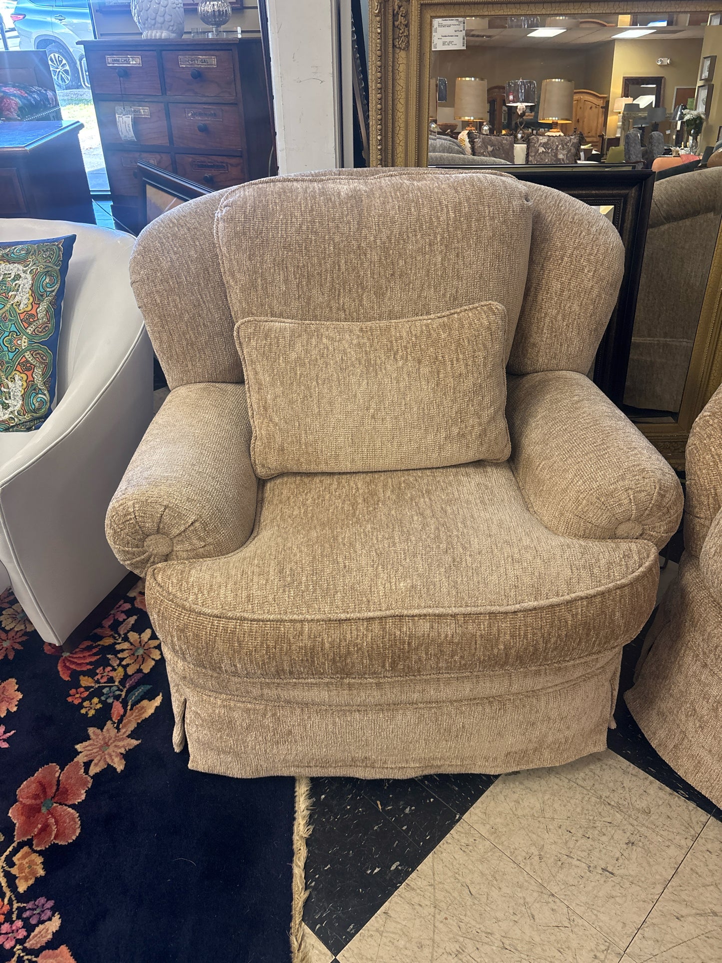 Custom Oversized Beige Lounge Chair w/ Lumbar Pillow in Same Fabric