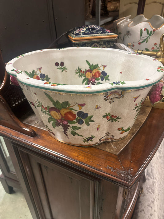 Stamped Asian Planter w/ Fruit & Grapes & Gold Rim (chip on handle)