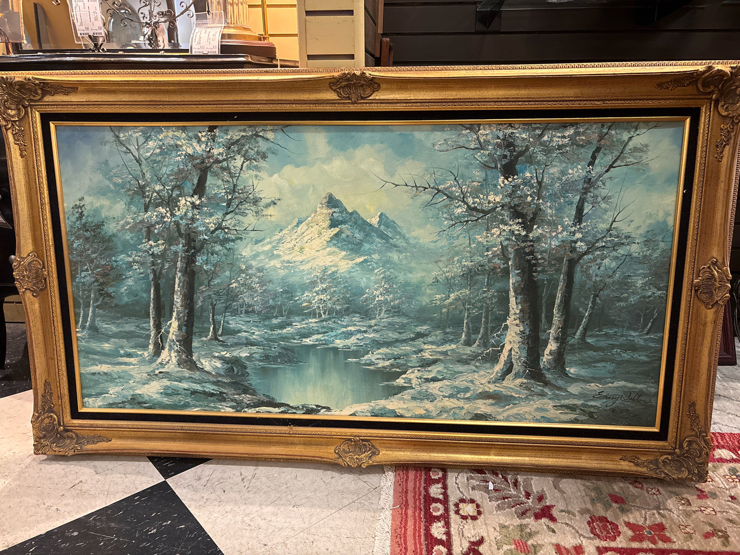 Signed Emery Walton Oil on Canvas-Winter Scene in Gold Frame (32x56)
