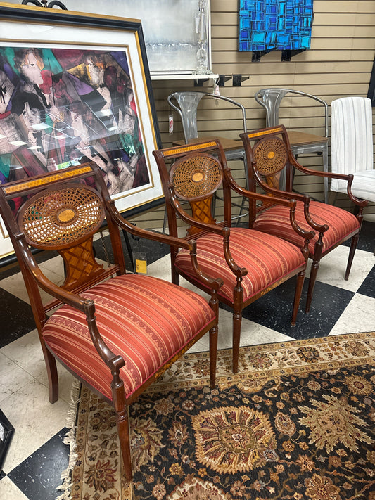 SET of 4 French Neoclassical Arm Chairs w/ Woven Wicker Backs& Red Striped Uphol