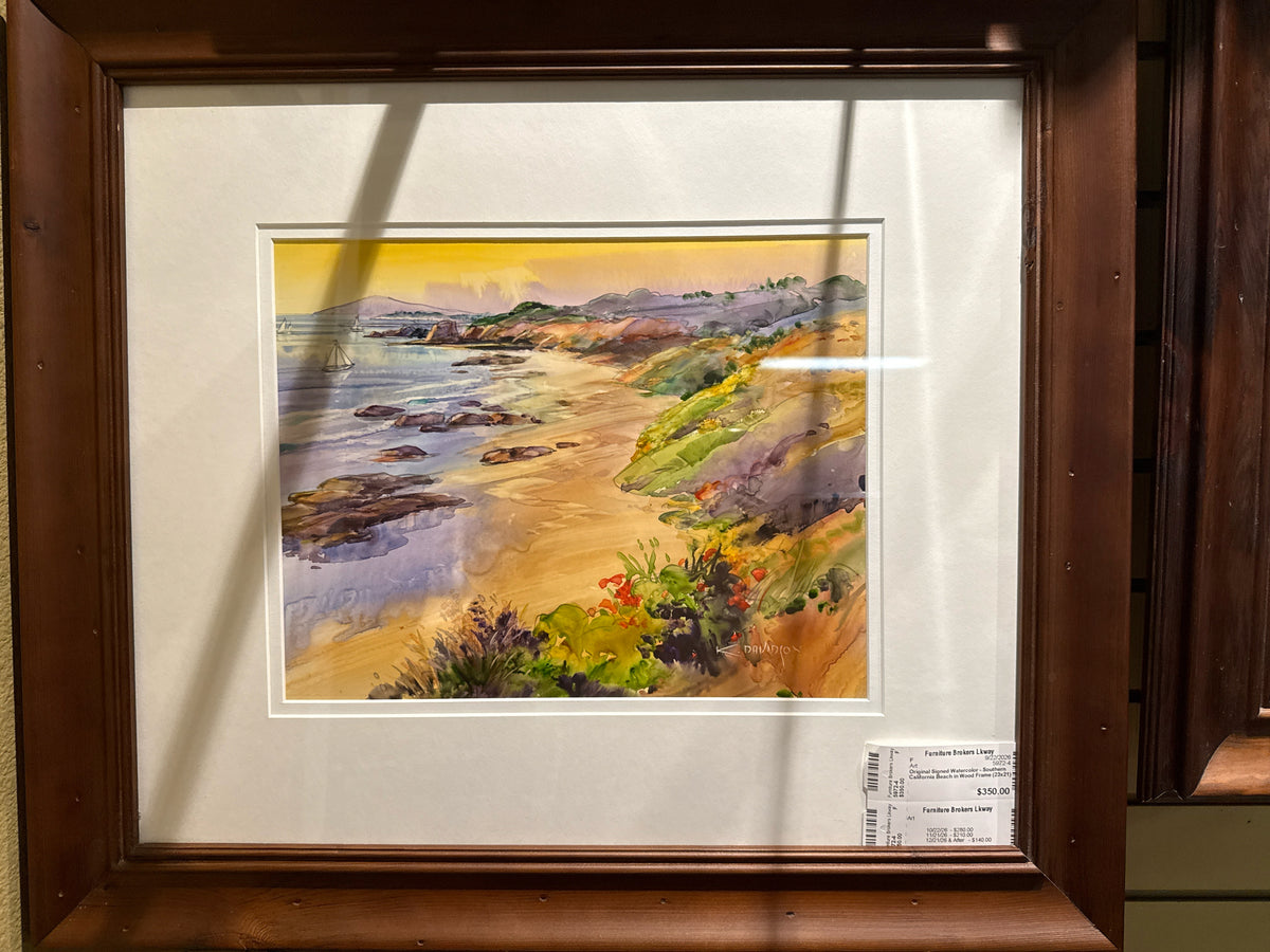Original Signed Watercolor - Southern California Beach in Wood Frame (23x21)
