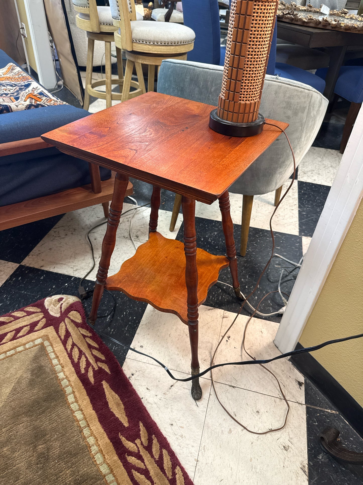 Victorian Style Wooden Side Table w/ Lower Shelf & Brass Feet