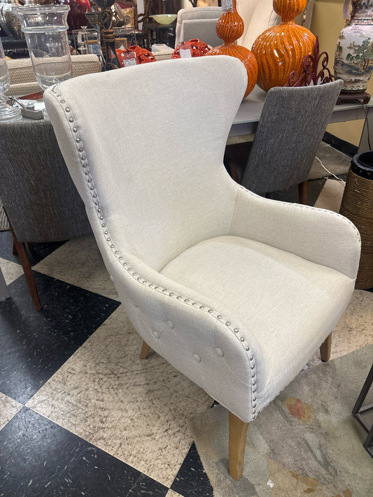 White Wingback Chair w/ Silver Nailheads and Tufted Back