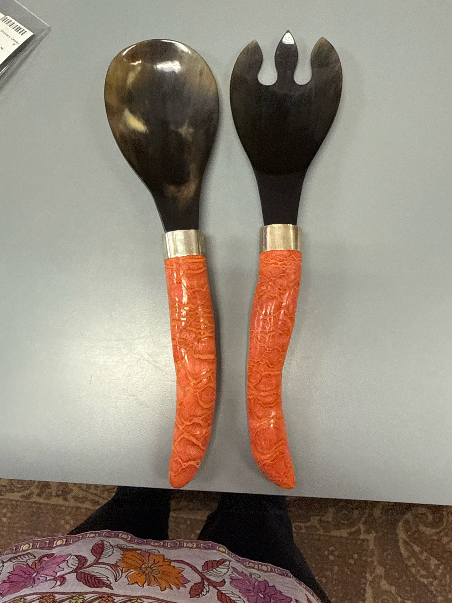 Buffalo Horn/Silver & Coral Textured Wood Salad Servers