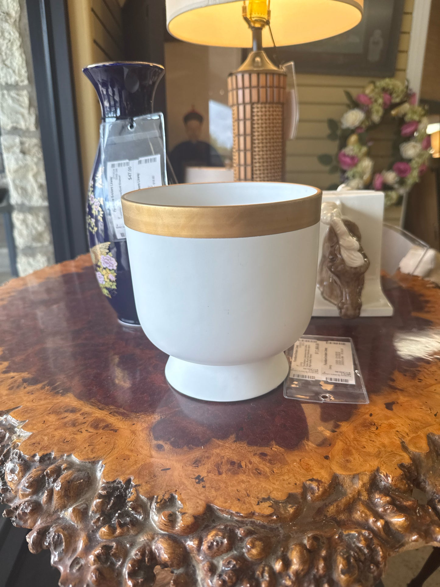 Barbara Barry Small Gold Banded Vase/Planter (7"H x 6.5"D)